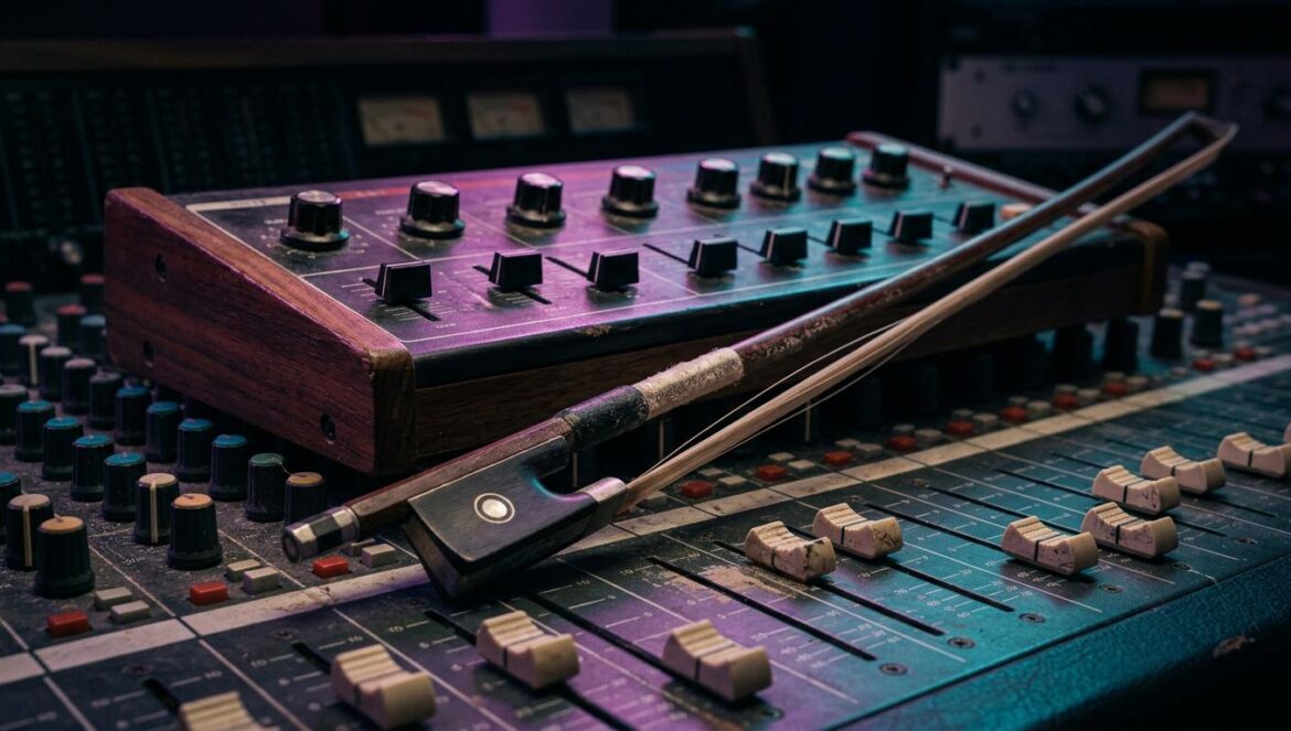 Euphoria temporada 3: por qué Hans Zimmer no llena el vacío Primer plano de un sintetizador vintage y un arco de violín sobre una mesa de mezclas bajo luces de neón púrpuras y azules.