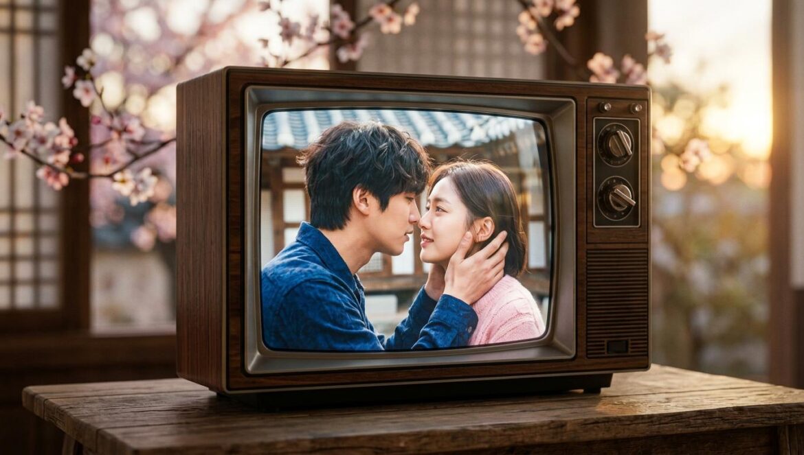 «Everytime» alcanza 300 millones de vistas en YouTube Primer plano de una pantalla de televisión mostrando una escena romántica de un drama coreano con flores de cerezo desenfocadas al fondo.