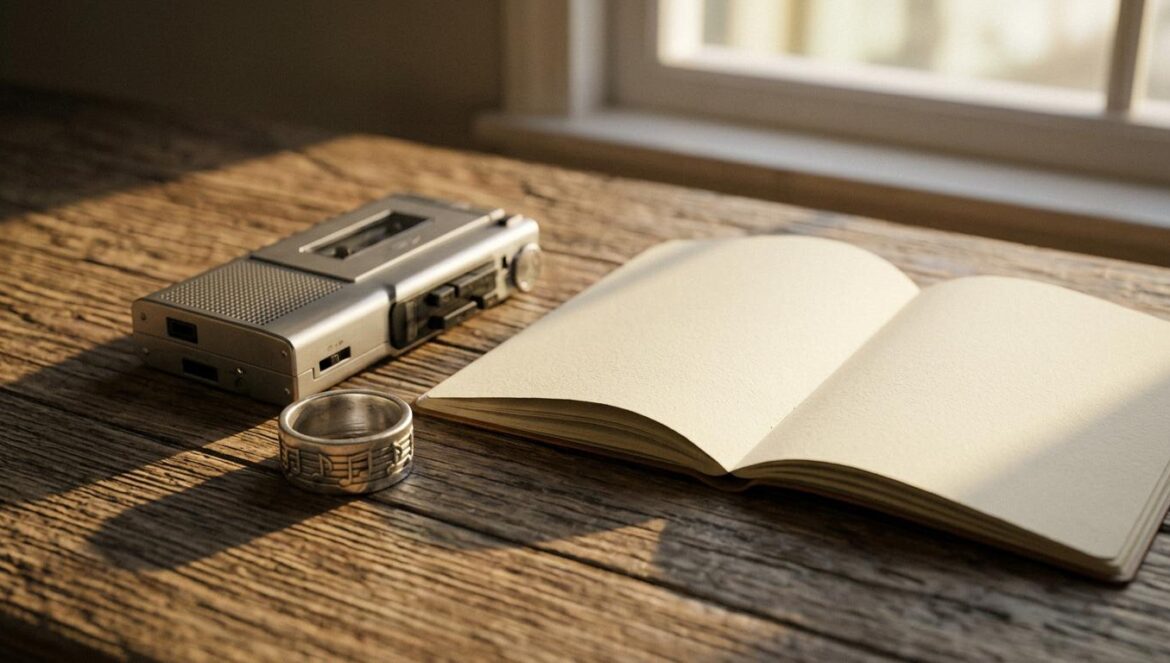Gia Margaret estrena Singing y recupera su voz tras el silencio Grabadora de microcassette antigua sobre una mesa de madera junto a un diario abierto y un anillo de plata con notas musicales bajo luz cálida.