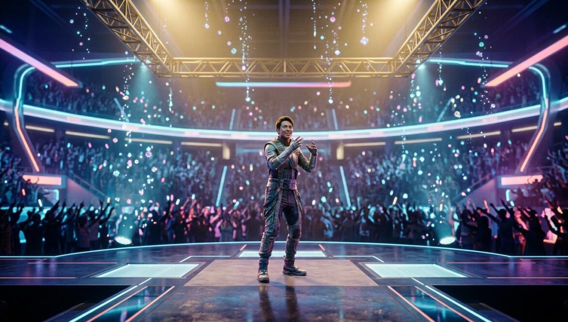 Golden iguala a APT. de Rosé: nuevo hito en Billboard Escenario futurista con luces de neón doradas y atmósfera de concierto digital con hologramas brillantes