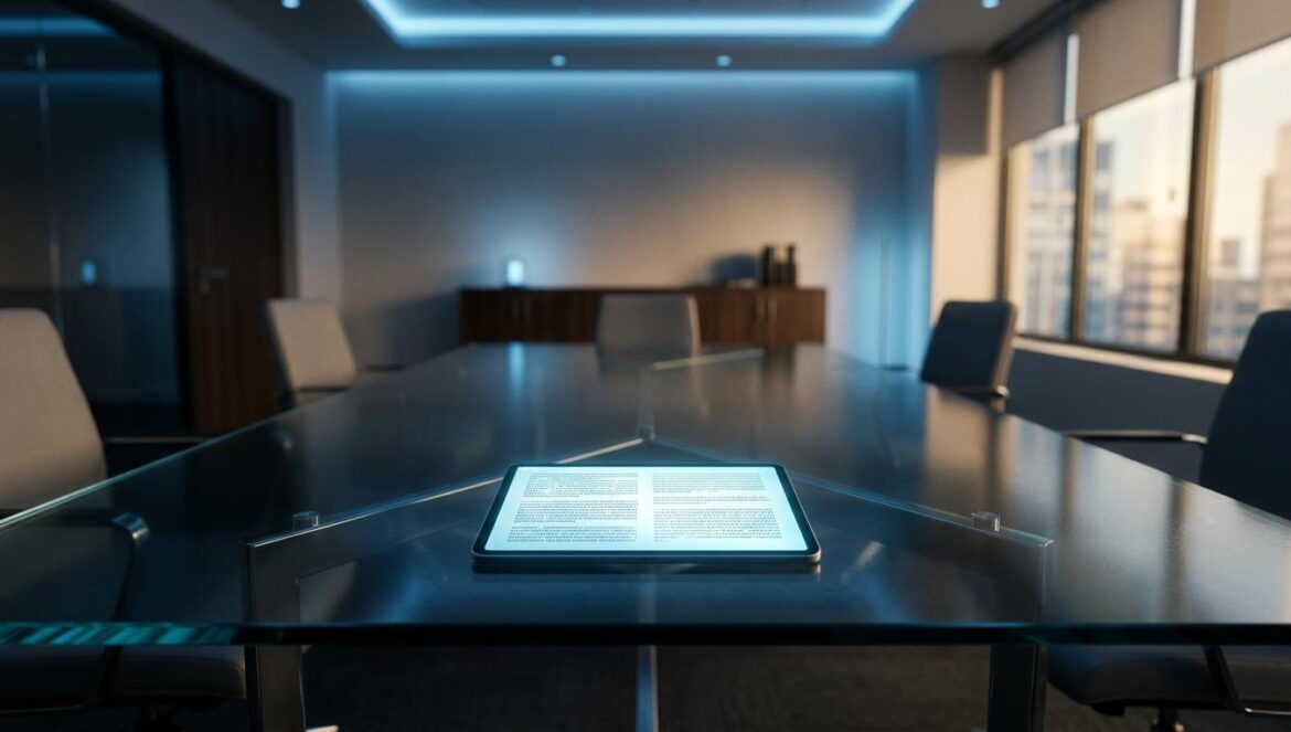 Granola AI y el riesgo de privacidad en tus notas de reunión Una tableta digital sobre una mesa de cristal en una sala de juntas moderna mostrando bloques de texto encriptados con luz azul tecnológica.