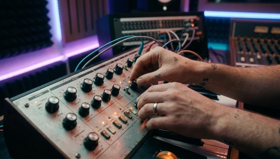 Harrison de Surf Gang: el genio tras POMPEII // UTILITY Manos de un productor musical ajustando sintetizadores en un estudio de grabación profesional con luces de neón azules y púrpuras.