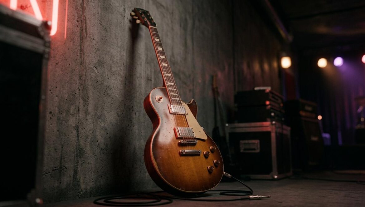 Iceage revela For Love of Grace: la evolución del punk danés Guitarra eléctrica apoyada en una pared de hormigón con iluminación roja tenue en un club nocturno