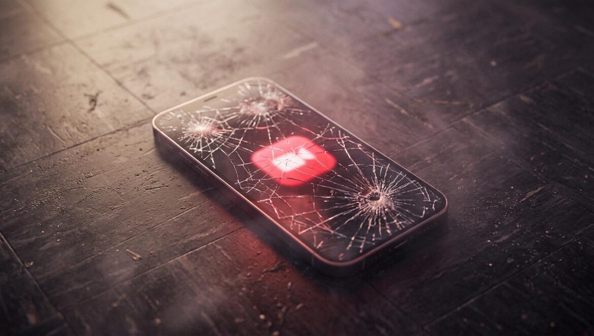 If Wishes Could Kill: el terror digital llega a Netflix Un teléfono inteligente con la pantalla rota en el suelo de un instituto oscuro, mostrando una aplicación con luz roja intensa.