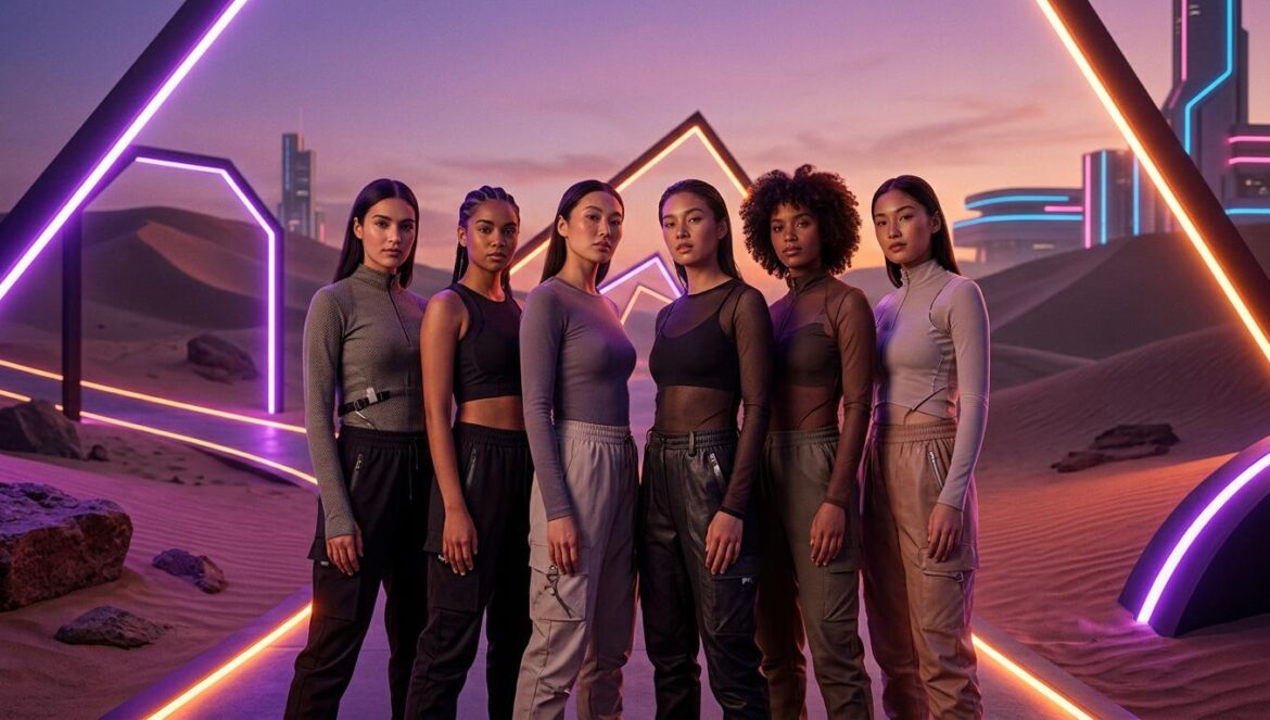 KATSEYE rompe el silencio sobre el futuro de Manon Seis jóvenes artistas de un grupo global posando en un escenario desértico futurista con iluminación neón vibrante.