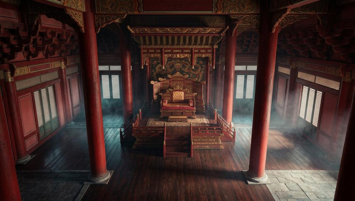 Los mejores K-Dramas de intrigas reales y poder palaciego Vista interior cinematográfica de un trono real coreano tradicional con columnas rojas y detalles dorados, iluminado de forma dramática y solemne.