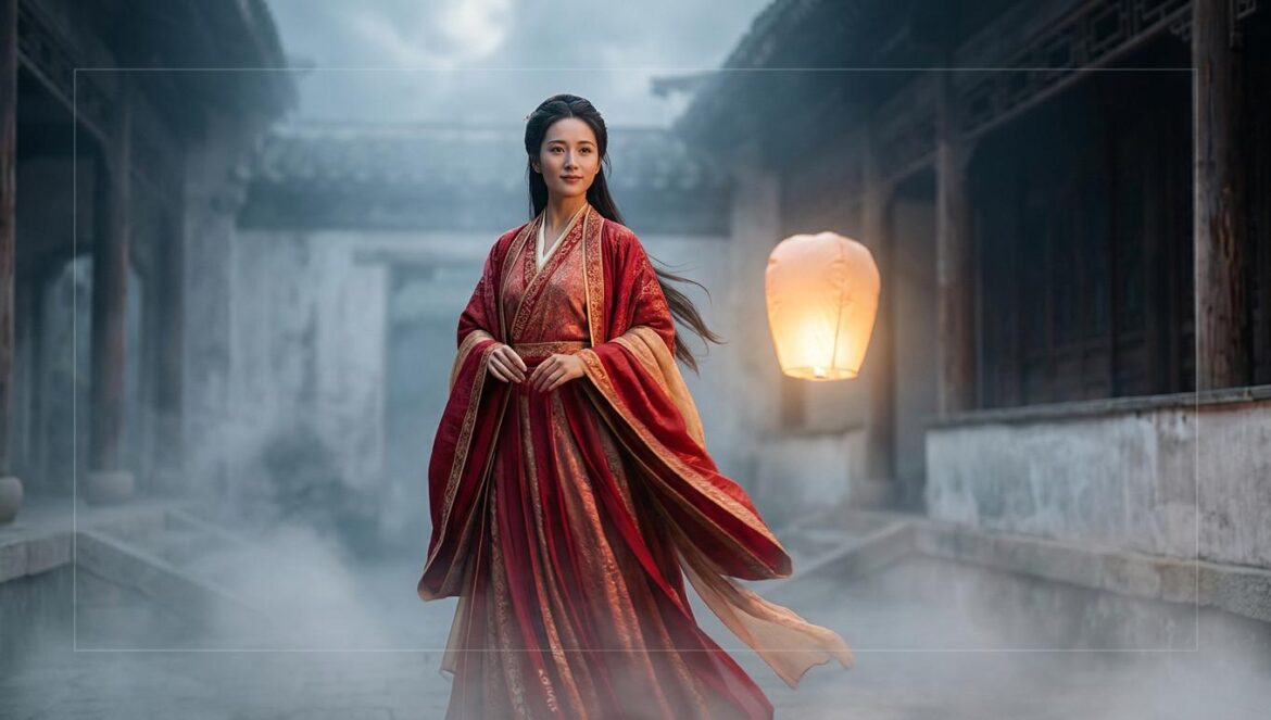 Mujer con túnicas tradicionales rojas y doradas en un patio antiguo con una linterna flotante mágica bajo la luz de la luna.