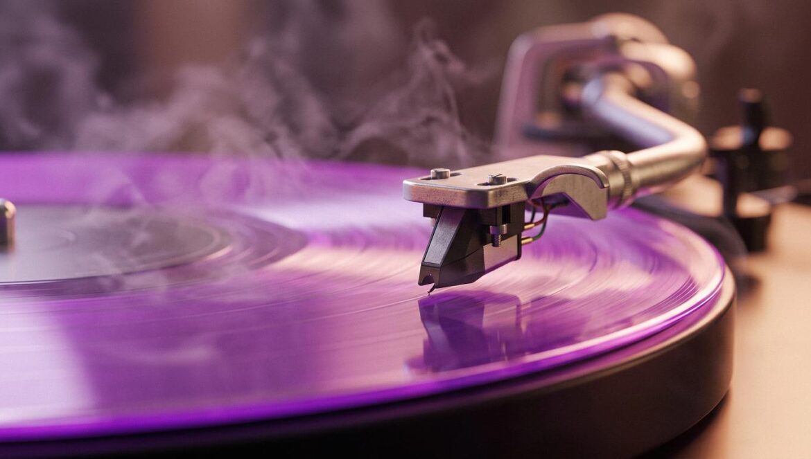 Mejores canciones nuevas: Momo Boyd y T.O.P sacuden abril Primer plano detallado de una aguja de tocadiscos sobre un vinilo de color púrpura neón en un ambiente de estudio con iluminación suave.