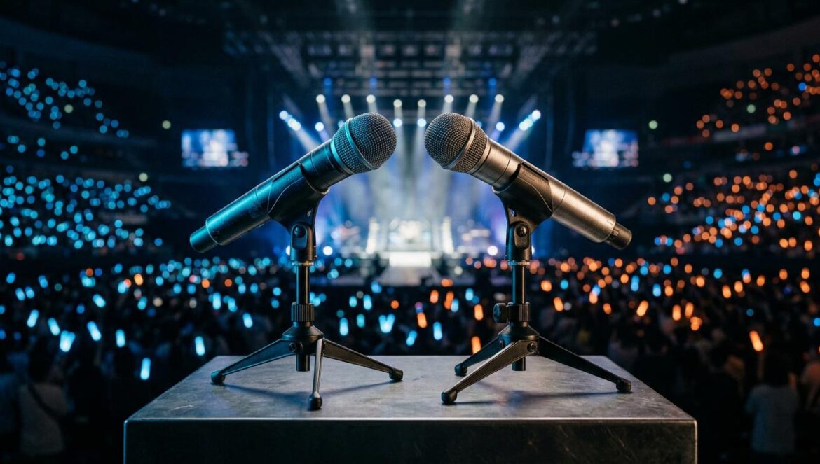 NCT JNJM: Fechas de su gira DUALITY por Asia en 2026 Dos micrófonos profesionales sobre un pedestal en un escenario oscuro, iluminados por focos de color azul y plata, simbolizando la dualidad artística de un dúo musical.