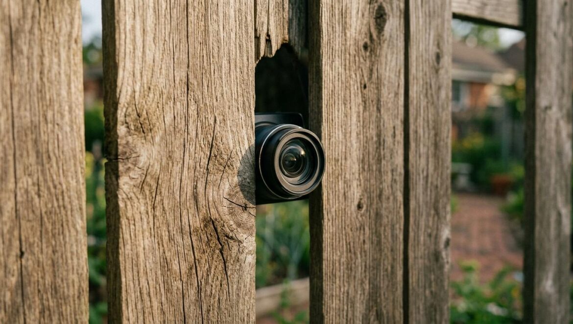 Neighbors en HBO: la docuserie que disecciona la neurosis Una cámara digital antigua asoma por el hueco de una valla de madera desgastada en un entorno suburbano, sugiriendo vigilancia vecinal.