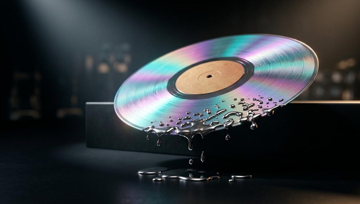 NMIXX anuncia su 5º EP ‘Heavy Serenade’ para mayo Primer plano de un disco de vinilo holográfico disolviéndose en mercurio líquido sobre un escenario oscuro con iluminación dramática.