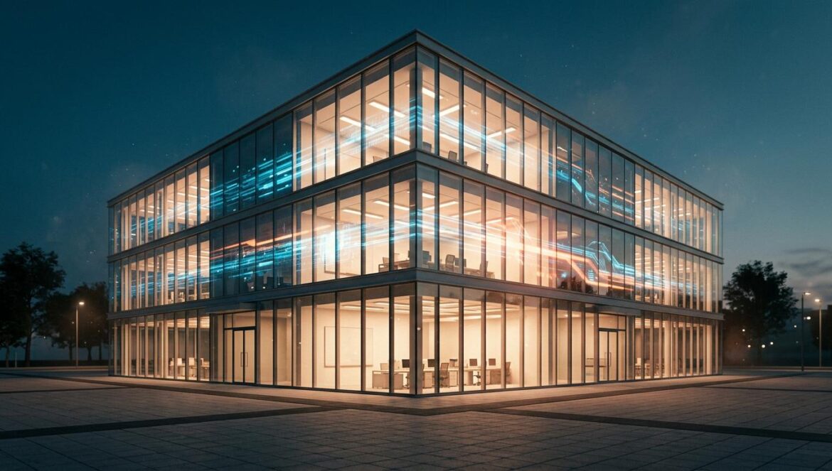 OpenAI Sora pierde a su líder: Bill Peebles deja la empresa Edificio tecnológico moderno con luces de oficina y flujos de datos digitales abstractos reflejados en los cristales durante la noche.