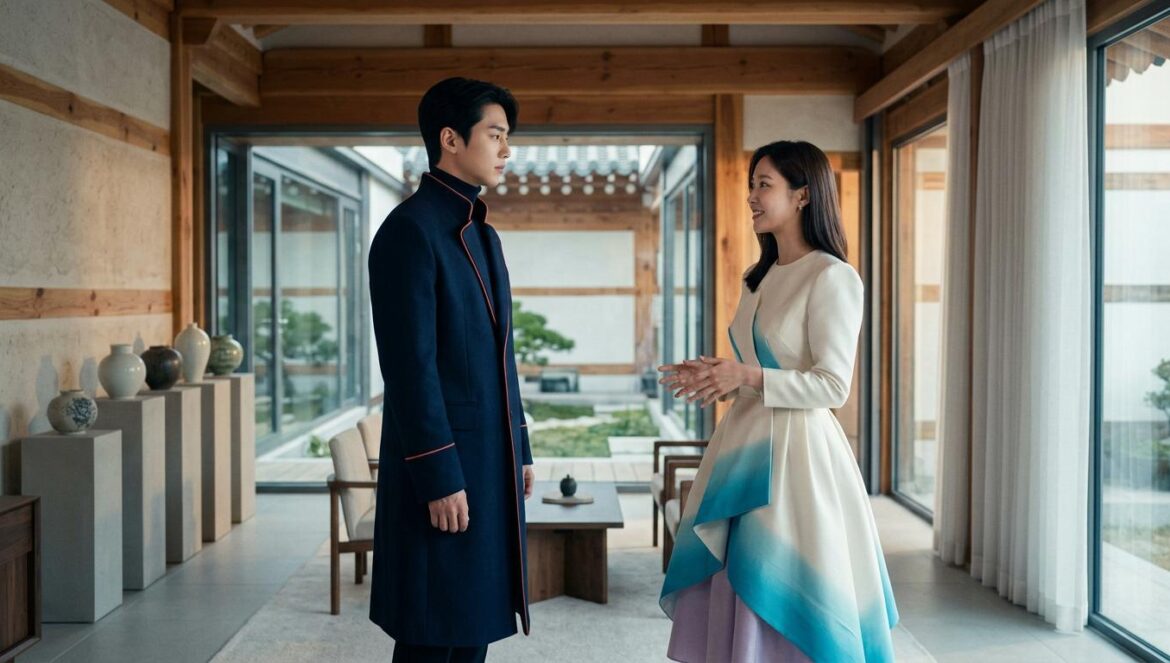 Perfect Crown: IU lanza su ofensiva contra Byeon Woo Seok Una mujer elegante con vestido de lujo intenta seducir a un hombre con traje real moderno en un palacio coreano contemporáneo