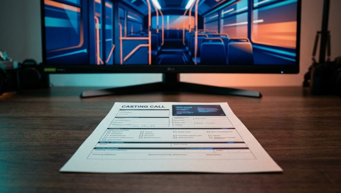 Physint de Kojima: filtran un casting inspirado en Speed Documento de casting detallando personajes para una escena de acción en un autobús, sobre un escritorio de desarrollo de videojuegos con iluminación dramática.