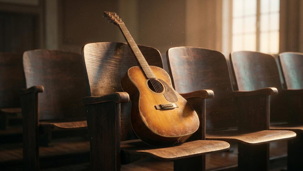 Ravyn Lenae y Dominic Fike lanzan Reputation: folk íntimo Una guitarra acústica apoyada en una silla de madera en un auditorio vacío, iluminada por una luz cálida y cinematográfica.