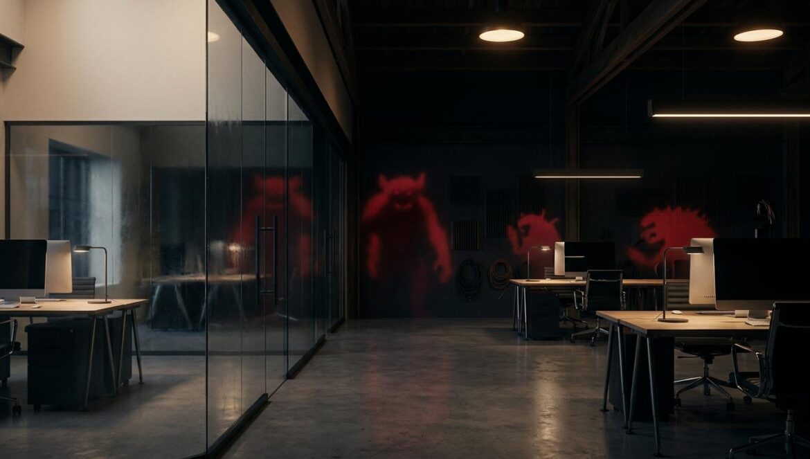 Shinji Mikami y Shift Up: el regreso al horror masivo Interior de un estudio de videojuegos moderno con sombras inquietantes y siluetas de monstruos al fondo, evocando una atmósfera de terror cinematográfico.