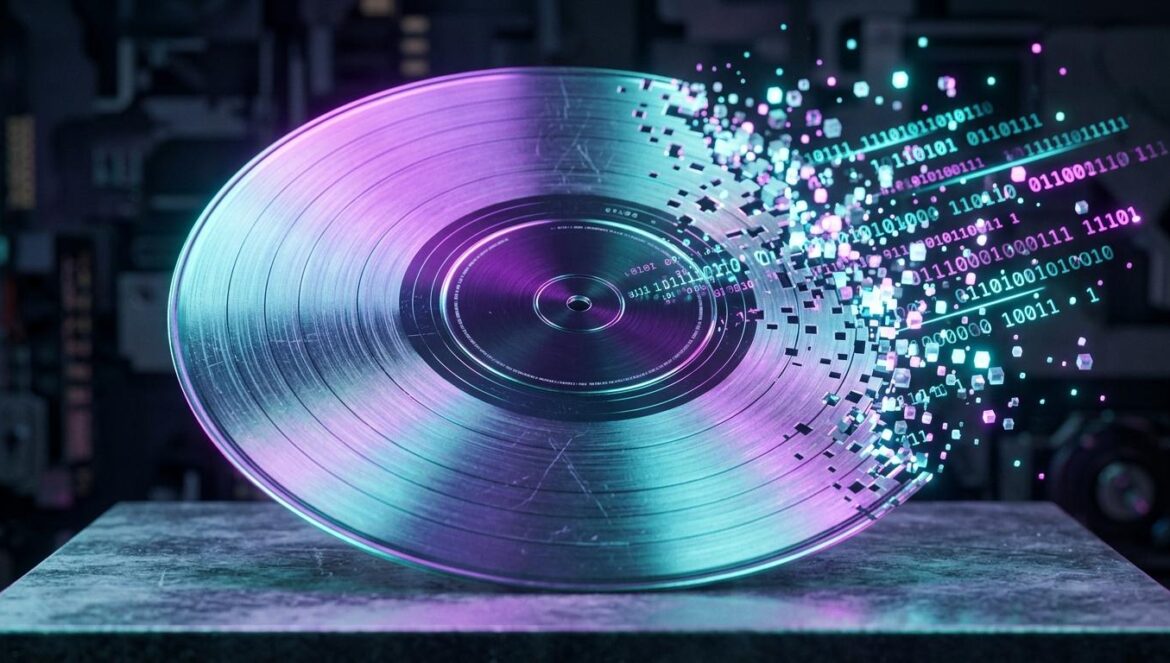 Suno y el copyright: la pesadilla técnica de la música Un disco de vinilo metálico deshaciéndose en píxeles digitales y código binario bajo luces de neón