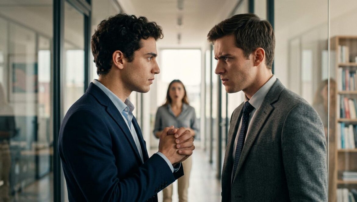 Yumi’s Cells 3: Soon Rok y Ju Ho se enfrentan por Yumi Dos hombres jóvenes en una oficina moderna se miran con intensidad mientras una mujer observa sorprendida al fondo
