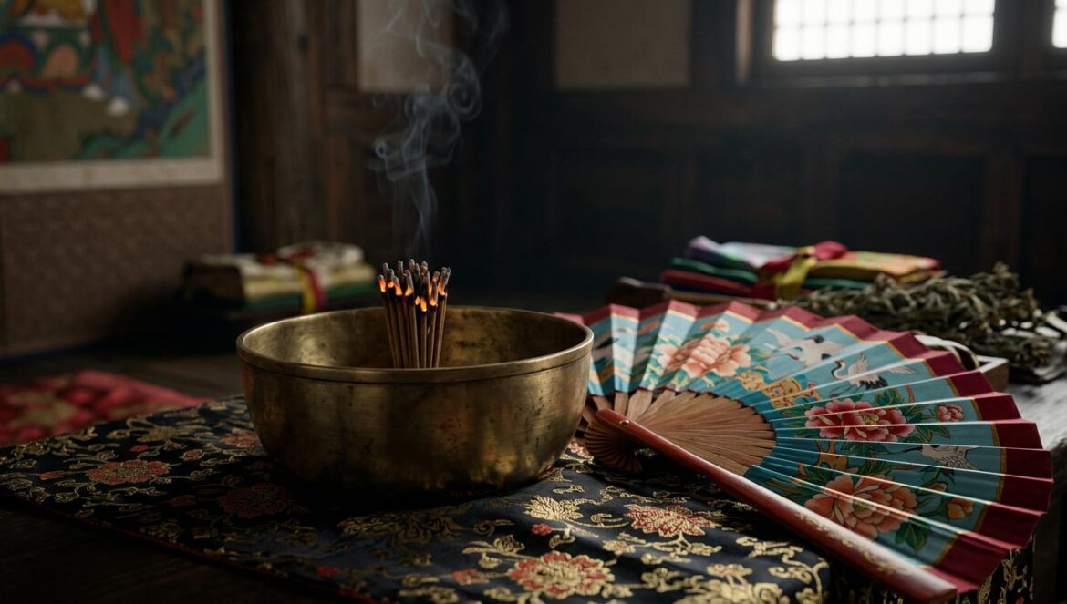 Primer plano cinematográfico de elementos de un ritual chamánico coreano con incienso y un abanico de seda sobre fondo oscuro.