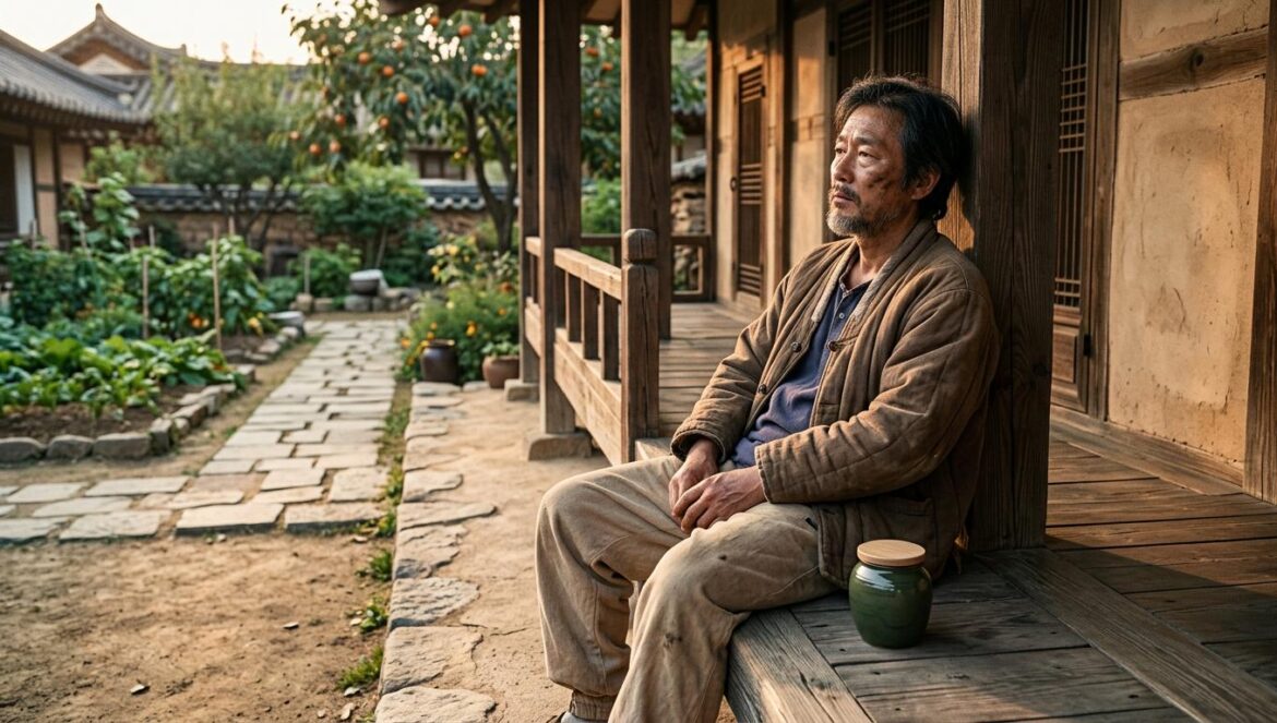 Ahn Hyo Seop sufre en Sold Out on You tras la ruptura Hombre con ropa de trabajo rural sentado en el porche de una casa tradicional coreana bajo la luz del atardecer, reflejando soledad y melancolía.