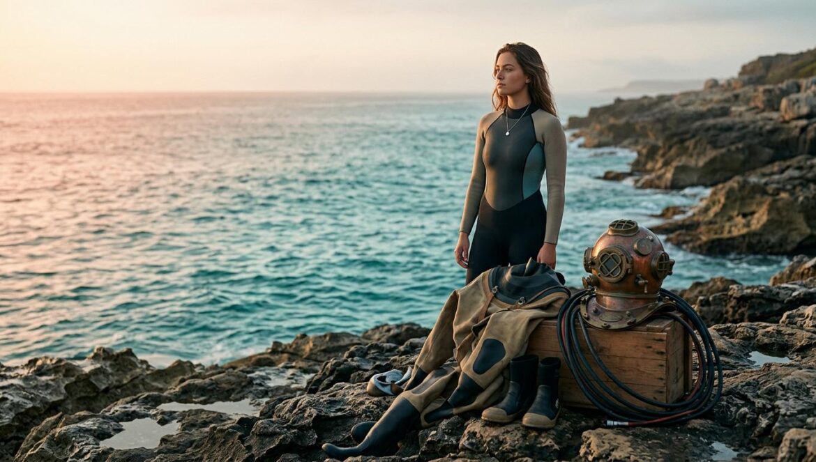 Azure Spring y el giro de Yeri hacia los dramas de sanación Mujer joven frente al mar turquesa en una costa rocosa con equipo de buceo tradicional