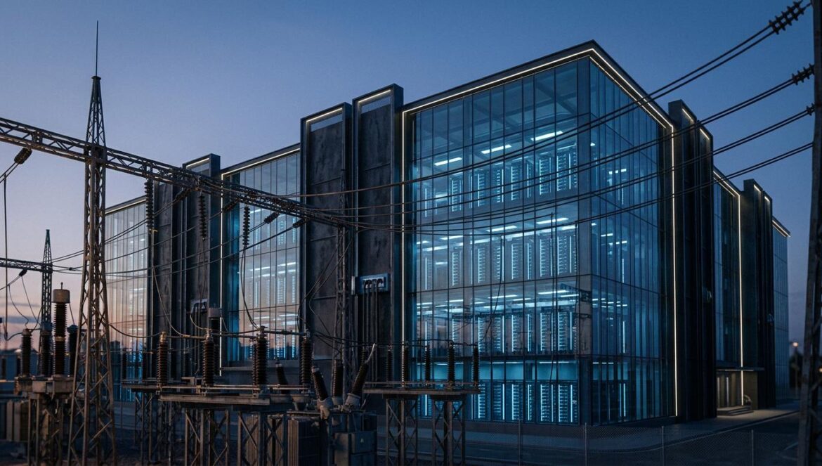 Centros de datos de IA: la crisis energética que frena al silicio Vista exterior de un centro de datos masivo iluminado de noche con torres de alta tensión en primer plano