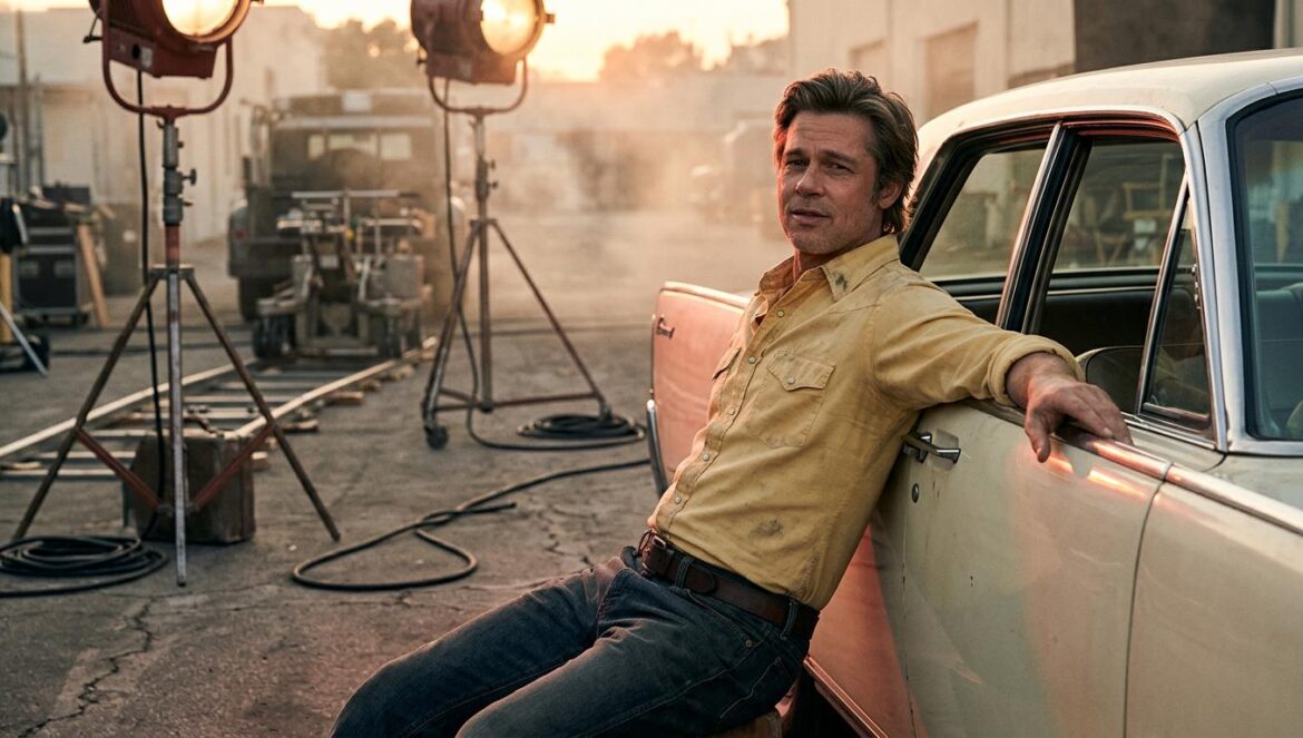 Cliff Booth regresa: Fincher y Tarantino se unen en IMAX Un especialista de cine de los años 70 con camisa amarilla apoyado en un coche clásico bajo la luz del atardecer en un set de rodaje.