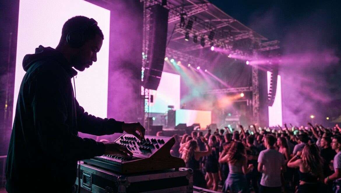 Detroit techno: el alma indomable del Movement 2026 Silueta de un DJ en el escenario principal de un festival de música electrónica nocturno con iluminación magenta y atmósfera neblinosa.