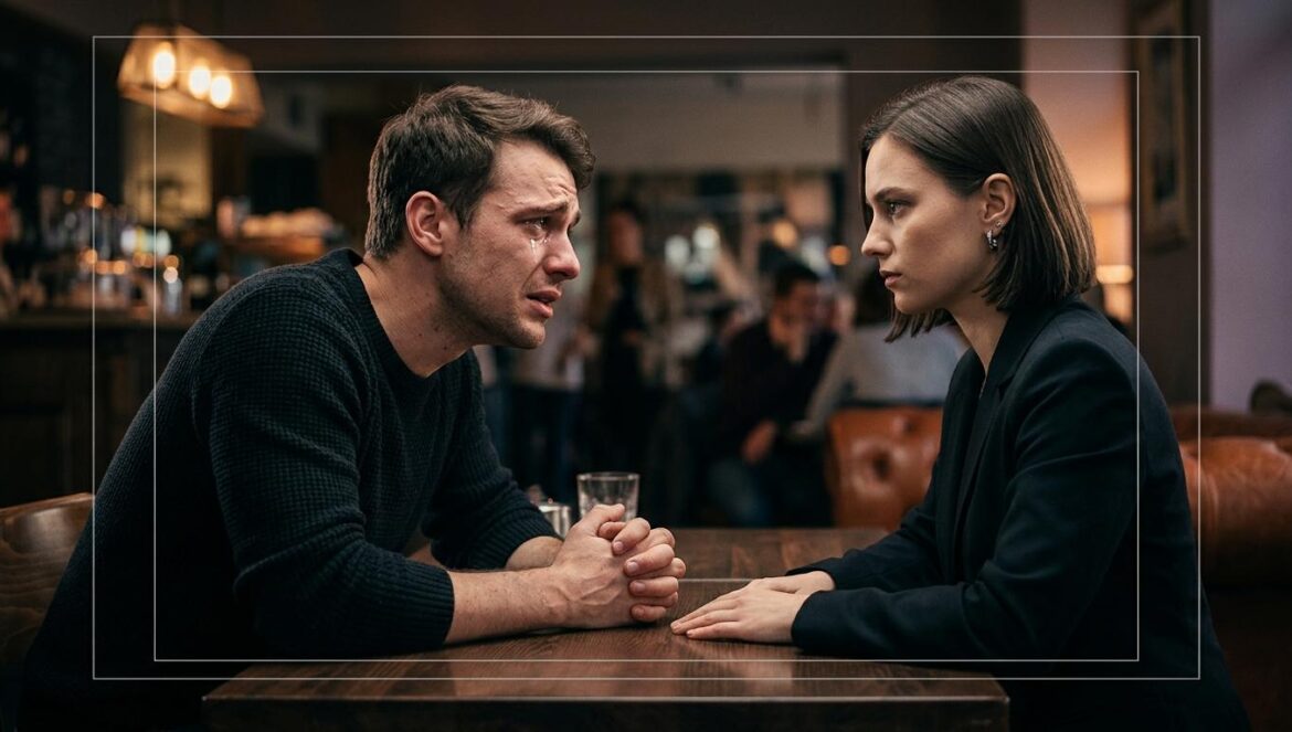 Doctor Shin: El perdón que An Woo Yeon busca de Joo Se Bin Primer plano dramático de una pareja en una cafetería oscura, mostrando el contraste entre la súplica emocional de un hombre y la indiferencia fría de una mujer.