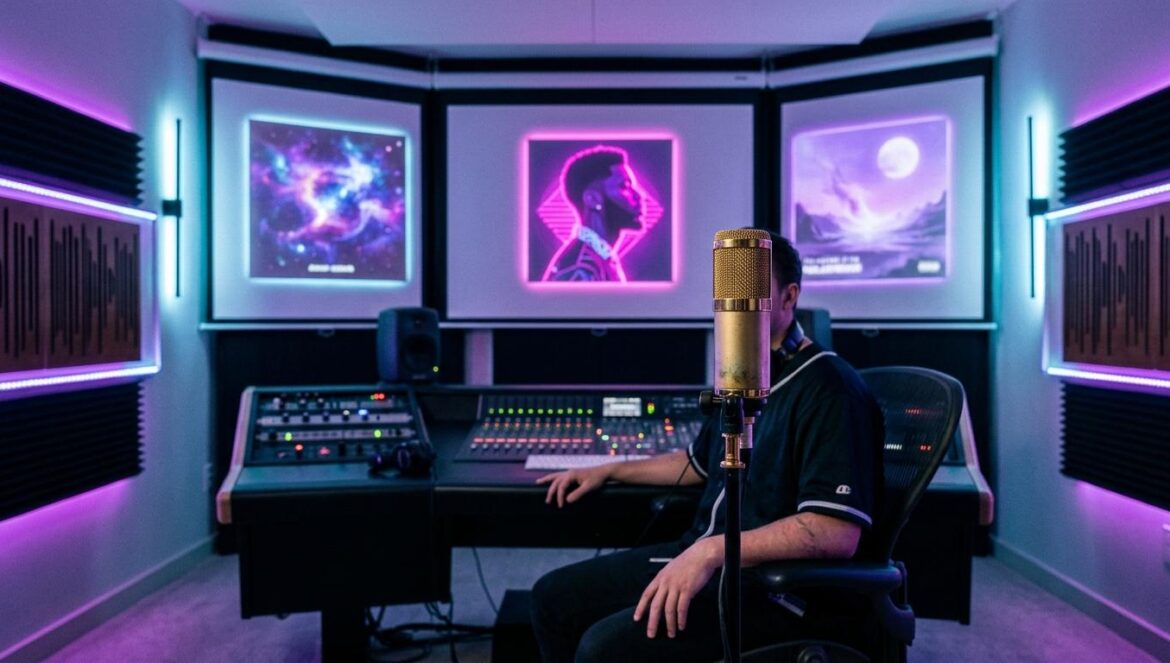 Drake lanza trilogía de álbumes: ¿Es Iceman su redención? Tres portadas de álbumes proyectadas en un estudio de grabación con iluminación neón en tonos azules y púrpuras.