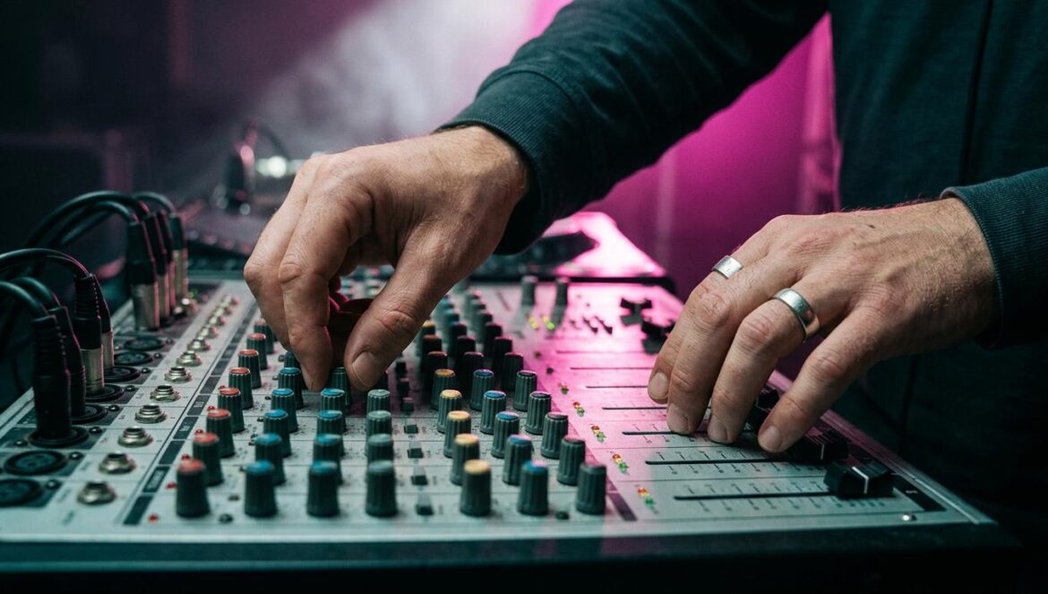 EXIT 2B de B0YG1RL: la deconstrucción del club global Manos de un DJ ajustando un mezclador analógico bajo luces magenta y turquesa en un club nocturno.