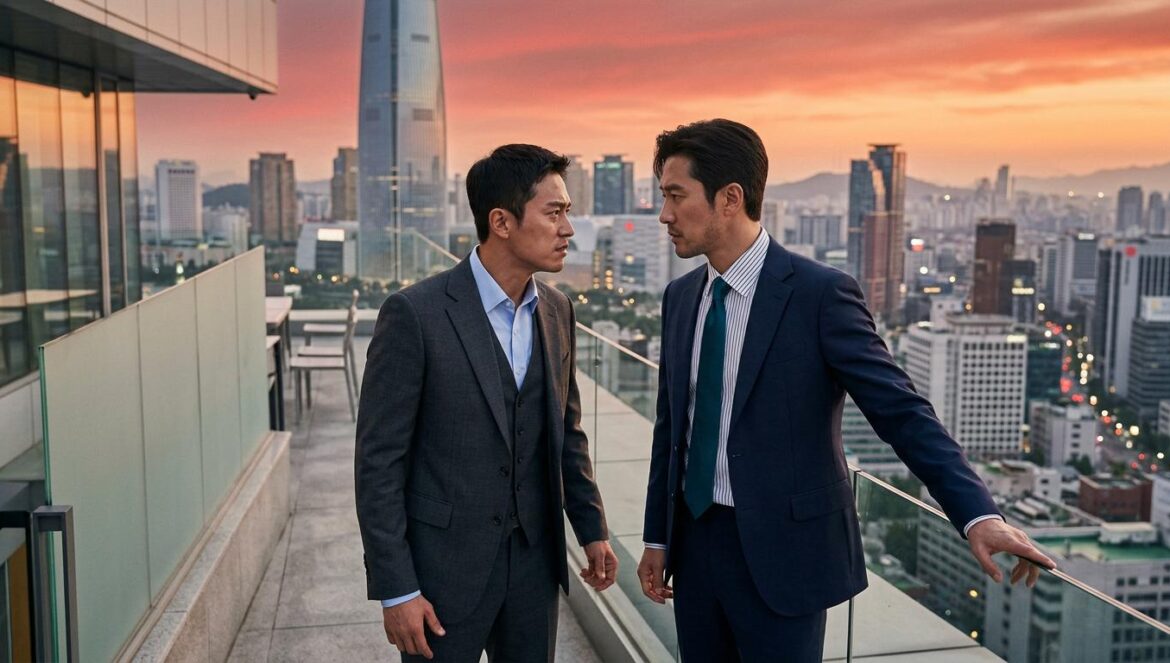 Filing for Love: El duelo entre Shin Hae Sun y Gong Myoung Actores de drama coreano en una escena de tensión profesional sobre una azotea urbana con luces de atardecer