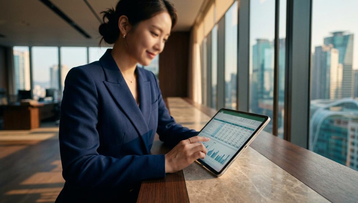 Filing for Love: el secreto de Shin Hae Sun que cambia todo Primer plano de un escritorio de oficina moderna con una tablet y documentos de auditoría bajo una luz cálida de atardecer.