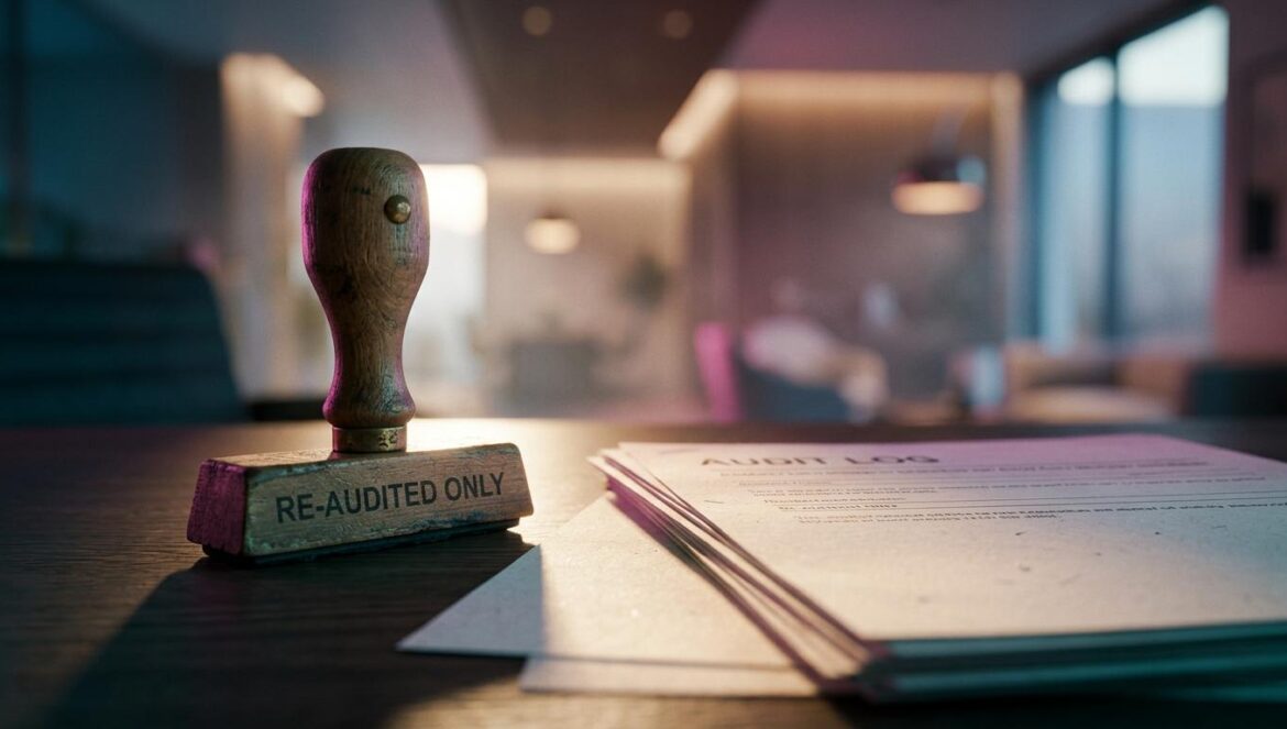 Filing for Love reescribe el romance de oficina clásico Primer plano editorial de documentos de auditoría de oficina sobre un escritorio de diseño minimalista con iluminación magenta y turquesa de estilo cinematográfico.
