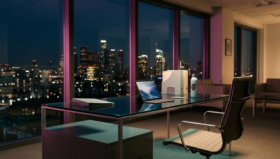 Filing for Love rompe los clichés del romance de oficina Una oficina corporativa moderna de noche con luces de la ciudad de fondo, iluminada con tonos magenta y turquesa sobre un escritorio de cristal.