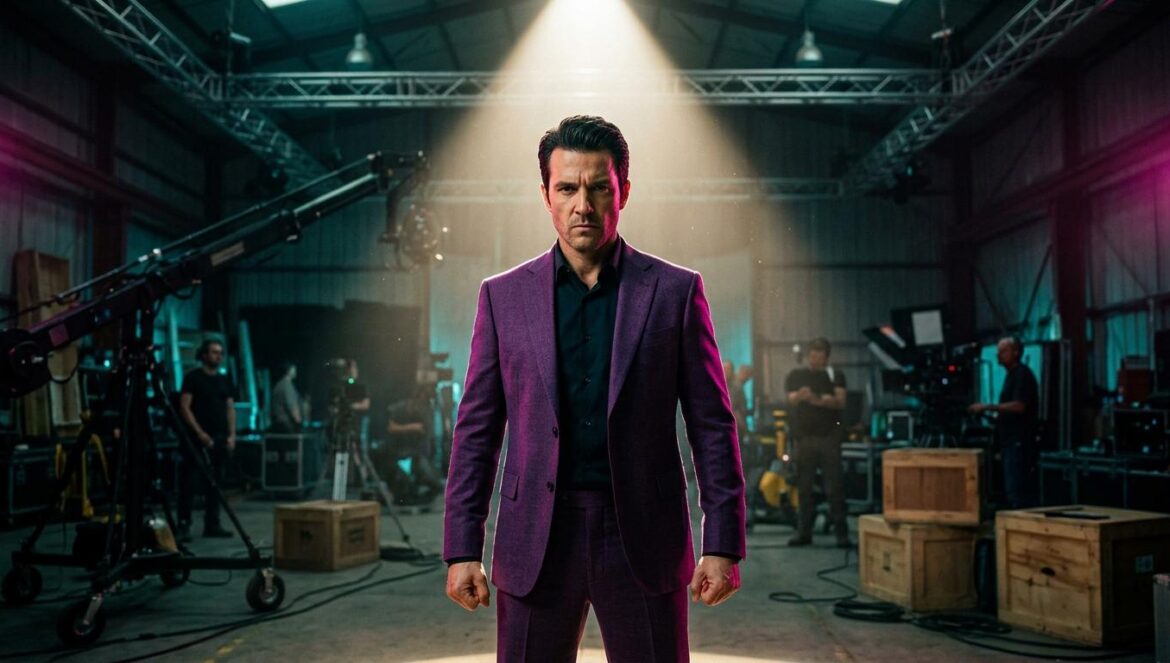 Husbands in Action: la nueva apuesta cómica de Netflix Un hombre con un elegante traje morado bajo un foco de luz dramático en un almacén oscuro con reflejos turquesa y magenta.