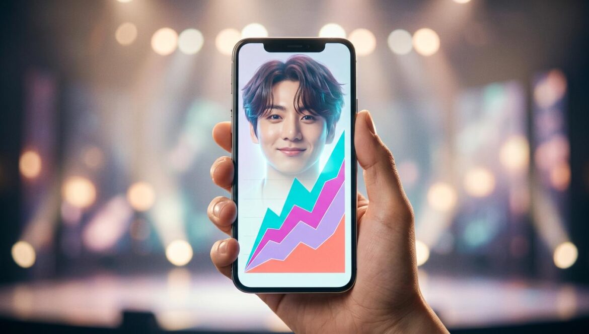 Jimin de BTS lidera el ranking de reputación en mayo Pantalla de smartphone mostrando gráficos de datos digitales y la silueta estética de un artista de K-pop sobre un fondo iluminado.