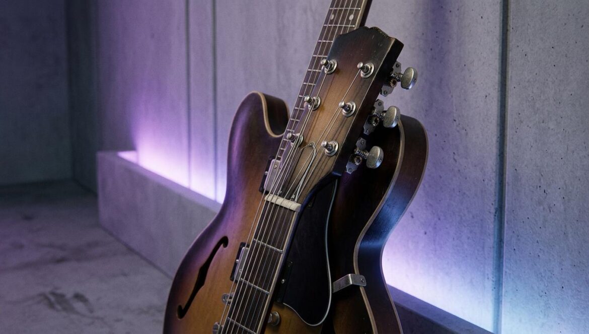 Primer plano de una guitarra eléctrica en un estudio con iluminación minimalista de tonos violetas y azules, evocando el nuevo sonido rock de Kelela.