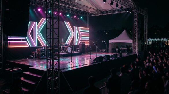 Escenario vacío de un festival universitario coreano de noche, con luces de neón brillantes y siluetas de público al fondo bajo un cielo nocturno.