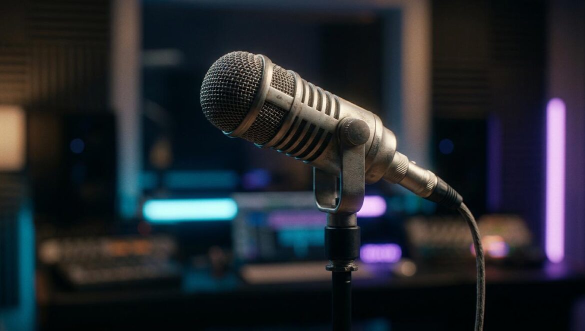 Lil Xelly: justicia para el rapero tras la condena de Stoev Un micrófono de estudio vintage en una sala de grabación oscura con luces de neón azules y púrpuras, simbolizando el silencio de un artista.