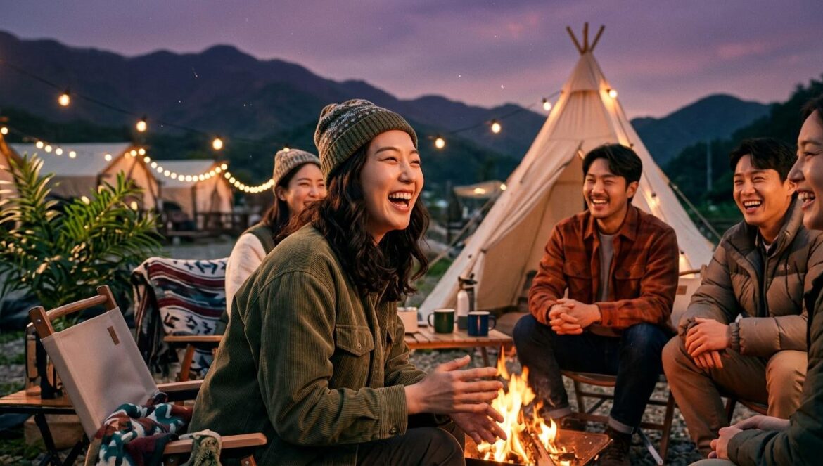 Los programas de variedades coreanos que arrasan en Viki Grupo de amigos riendo junto a una hoguera al atardecer en un campamento estético de estilo coreano bajo iluminación cálida.
