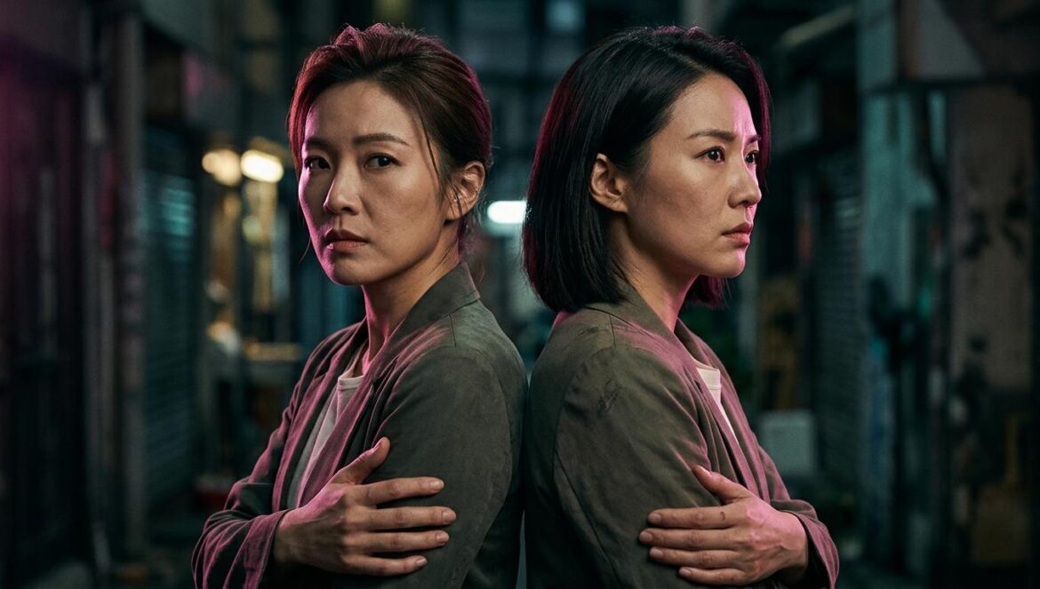 Mun Ka Young y el giro oscuro del cine coreano femenino Plano cinematográfico de dos mujeres de espaldas en una atmósfera de tensión dramática, iluminadas con tonos magenta y sombras turquesa.