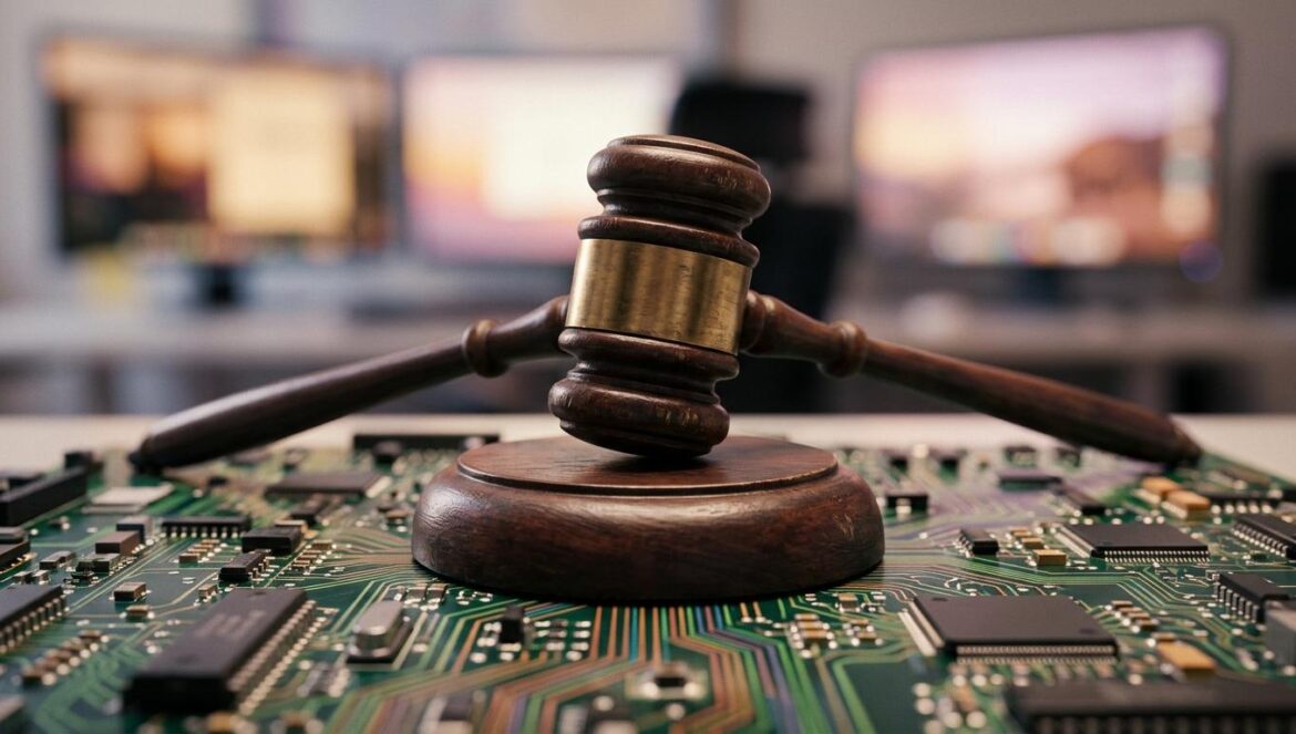 Musk v. Altman: la evidencia que sacude a OpenAI Un mazo de juez sobre una placa de circuito electrónico, simbolizando el juicio entre Musk y Altman sobre la inteligencia artificial.