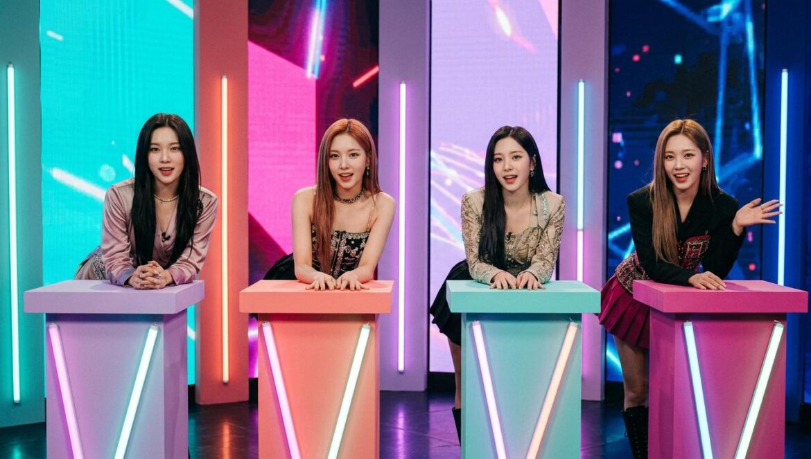NMIXX y LE SSERAFIM: Duelo de talentos en Amazing Saturday Cuatro idols de K-pop en un set de televisión colorido con luces de neón y pantallas digitales, vistiendo trajes teatrales frente a podios de concurso.