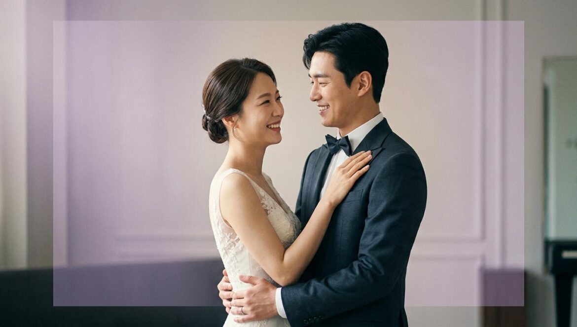 Noh Susanna y Oh Dong Min: la boda que redefine el romance real Retrato editorial de una pareja coreana sonriendo con ropa de boda clásica bajo una iluminación suave en tonos beige y lila.
