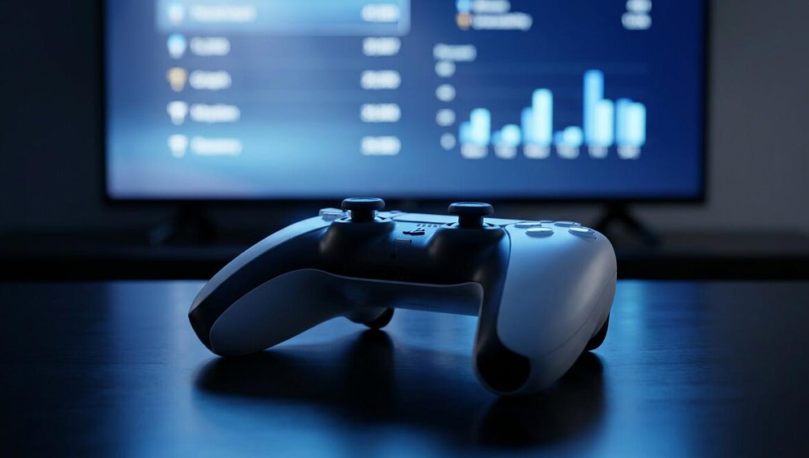 PS5 muestra jugadores en activo: el riesgo de la métrica Mando de PlayStation 5 en primer plano con luz azul ambiental y una pantalla de fondo desenfocada que muestra gráficos estadísticos.