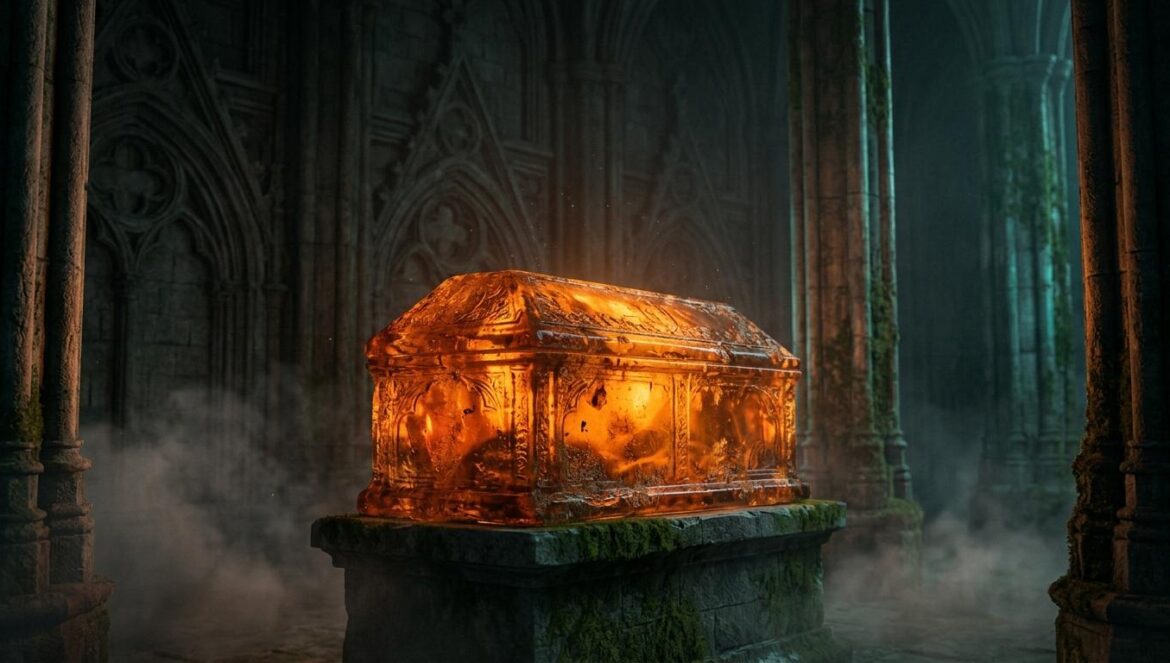 Ravenloft actualiza sus Dark Gifts para D&D 5.5e Sarcófago de ámbar antiguo en un templo gótico con iluminación tenue y niebla, representando la estética clásica de Ravenloft.