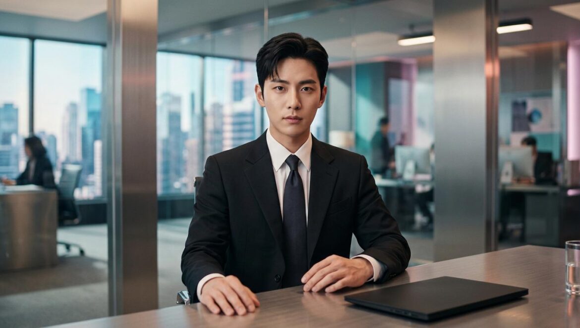 Reborn Rookie: Lee Jun Young y el arte de ser un CEO becario Hombre coreano joven con traje elegante sentado en una sala de juntas moderna, con expresión de autoridad y mirada penetrante.