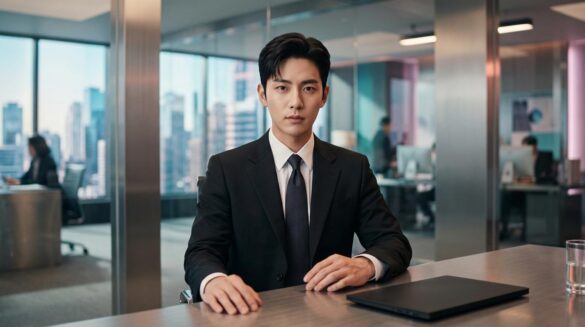 Reborn Rookie: Lee Jun Young y el arte de ser un CEO becario Hombre coreano joven con traje elegante sentado en una sala de juntas moderna, con expresión de autoridad y mirada penetrante.