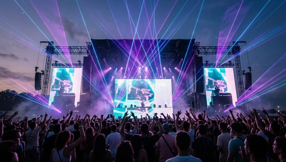 Rolling Loud 2026: 18 nombres que debes seguir de cerca Escenario principal de un festival de música masivo con luces láser púrpuras y multitud en silueta durante el atardecer.